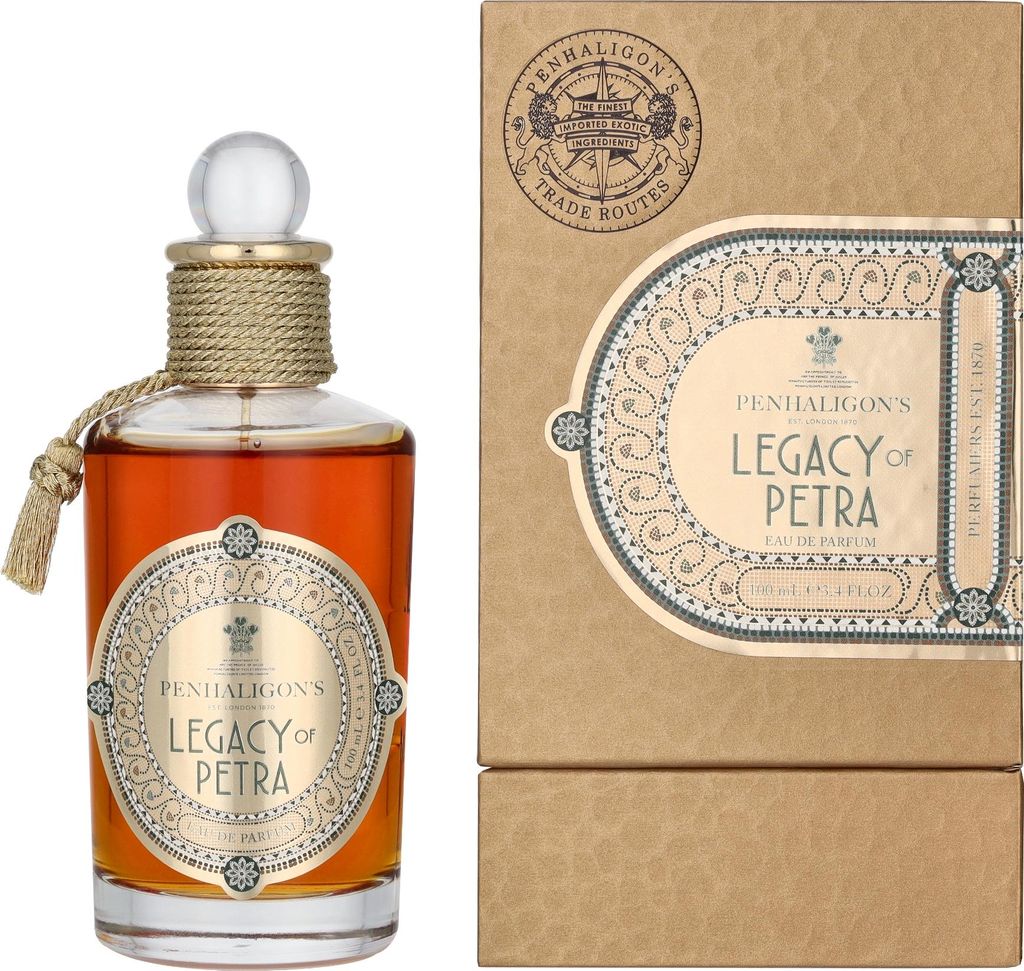 A bottle of Penhaligon's Legacy of Petra Eau de Parfum and its packaging are displayed against a white background.