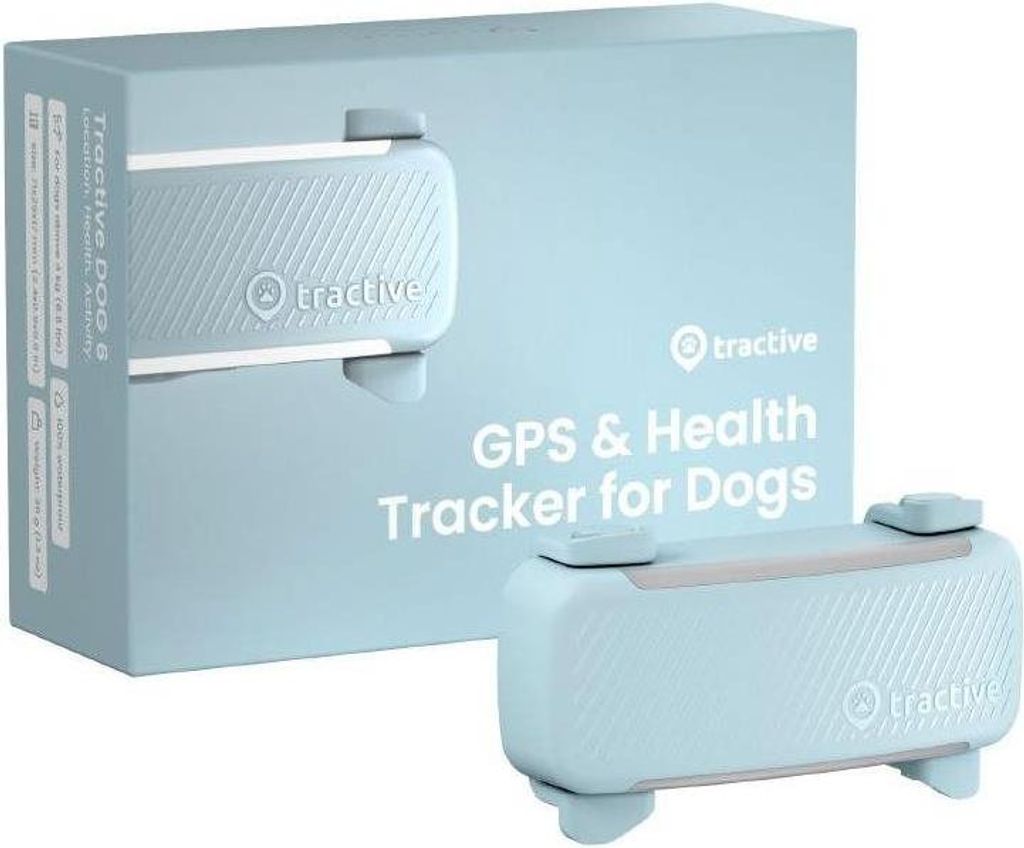A product box and the product itself, a GPS tracker for dogs, are shown against a light blue background.