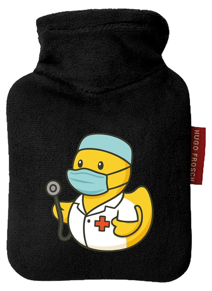 Huuraa Mini-Wärmflasche Quietscheente Medizin Comic Gummiente 0,2 Liter Black Mini Veloursbezug Taschenwärmer Geschenkidee