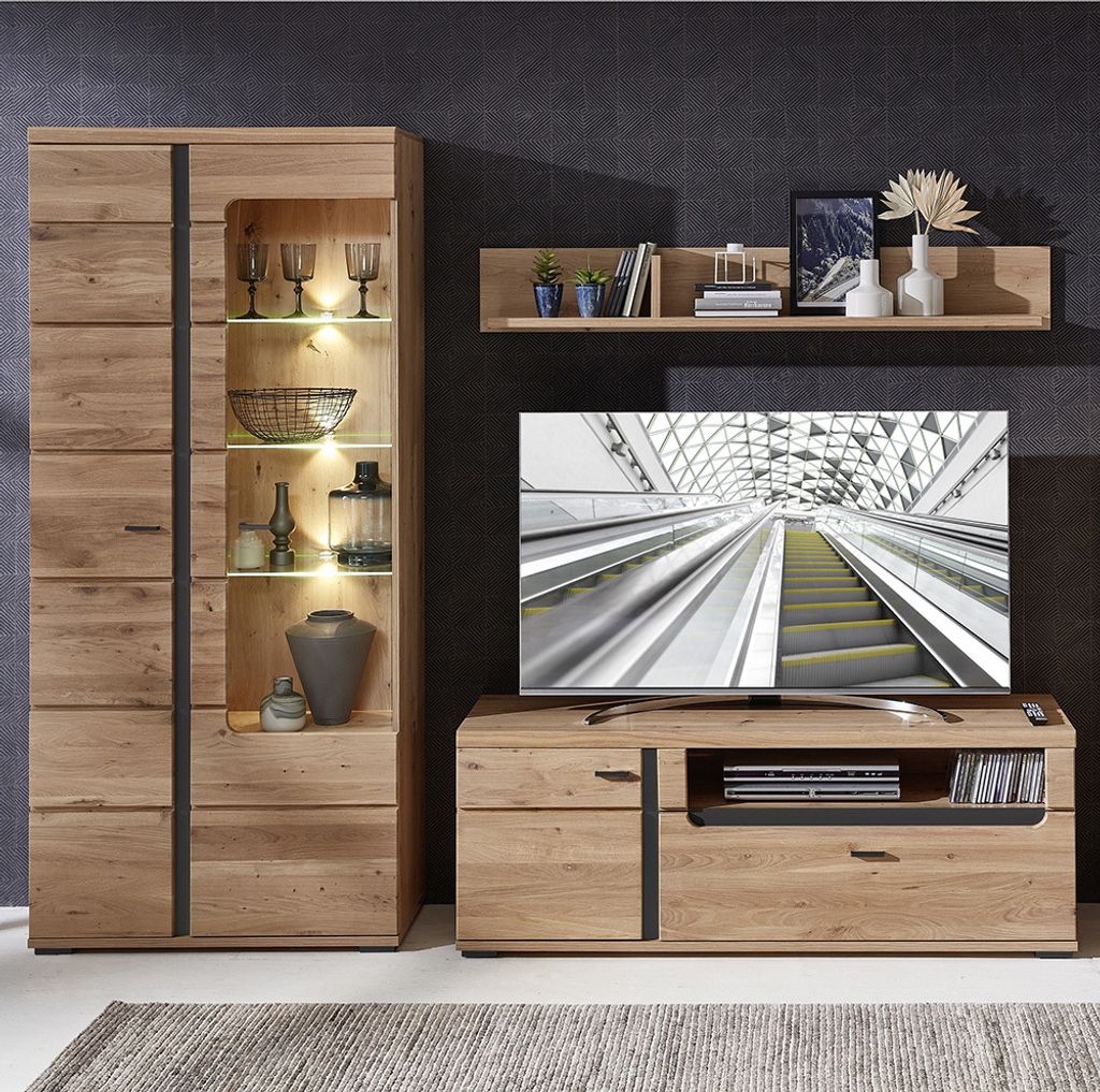 Media Anbauwand mit Esche Massivholzfronten und Beleuchtung STAVEN-36 mit Absetzungen in schwarz matt, B/H/T ca. 255/203/42 cm