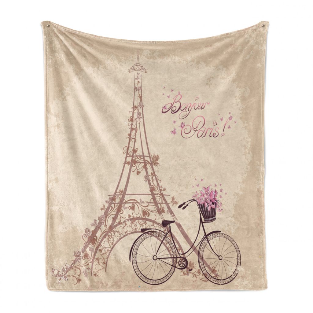 ABAKUHAUS Paris Weich Flanell Fleece Decke, Französisch Eiffelturm, Gemütlicher Plüsch für den Innen- und Außenbereich, 125 x 175 cm, Beige