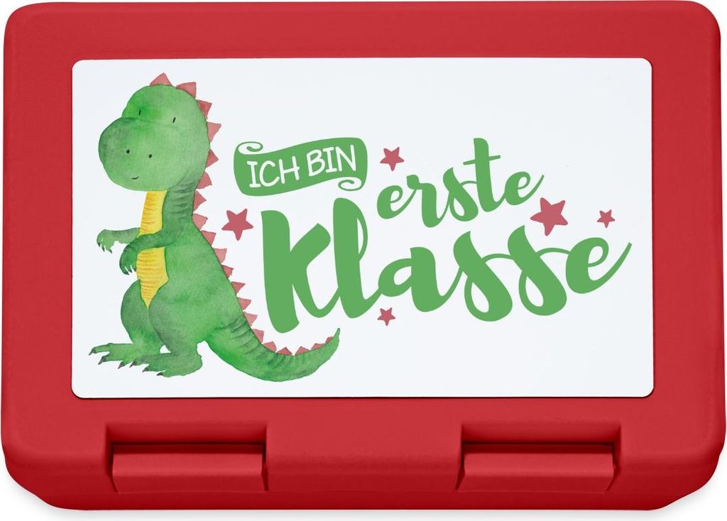 Spreadshirt Einschulung Dino Erste Klasse Dinosaurier Brotdose Lunchbox, One size, Rot