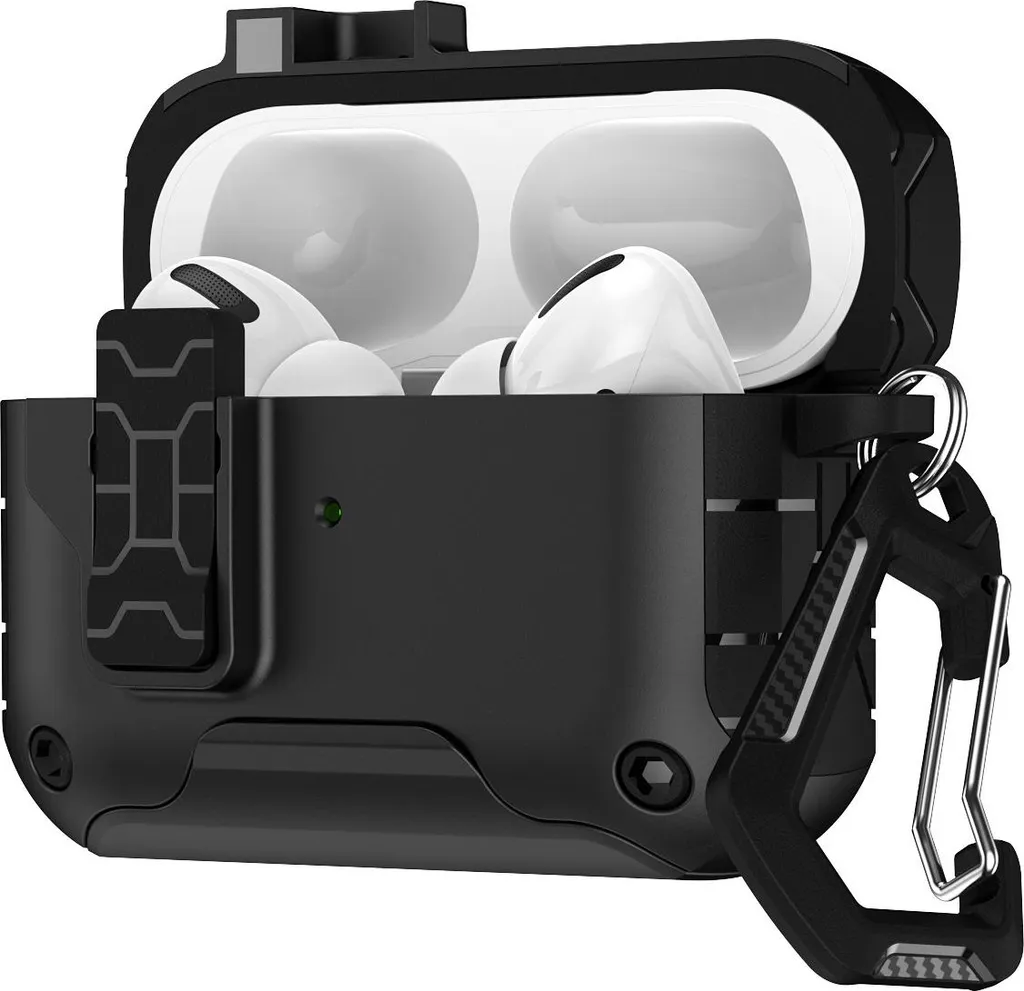 Custodia AirPods Pro 2 - Protezione Ibrida Nera con Moschettone Metallo
