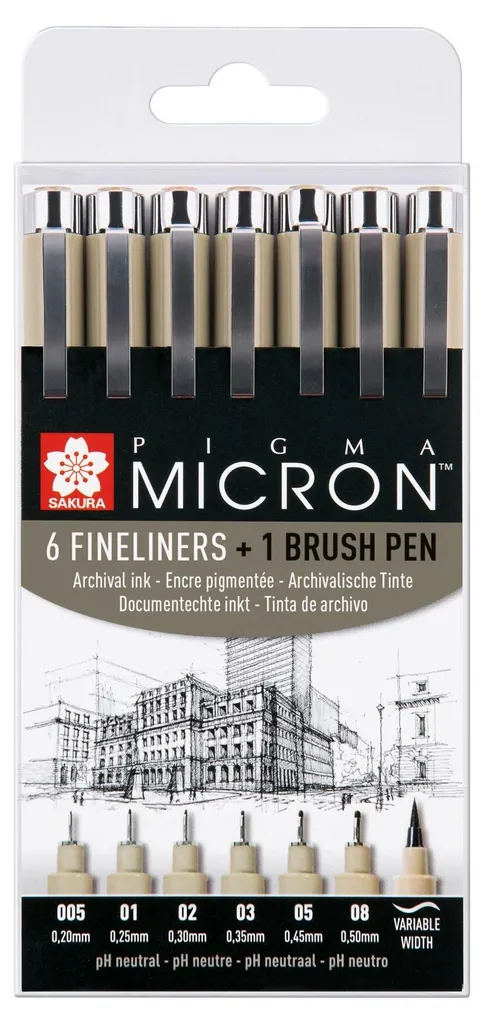 Pochette de 6 feutres de précision Sakura Pigma Micron et Brush noir