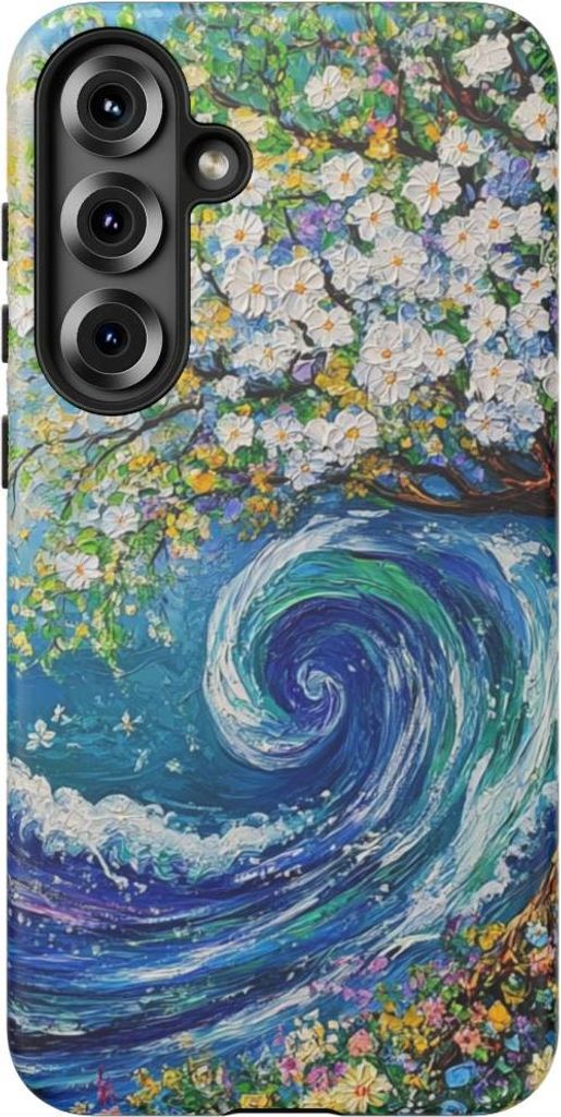 Lebendiges Blütenbaum- und Wellenmotiv – Hülle Kompatibel mit Galaxy S25 Plus