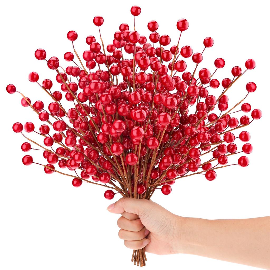 10 künstliche rote Beerenstiele à 34 cm, Weihnachtszweige aus Stechpalmenholz, künstliche Granatäpfel für Zuhause, Feiertage, Hochzeiten, Neuj...
