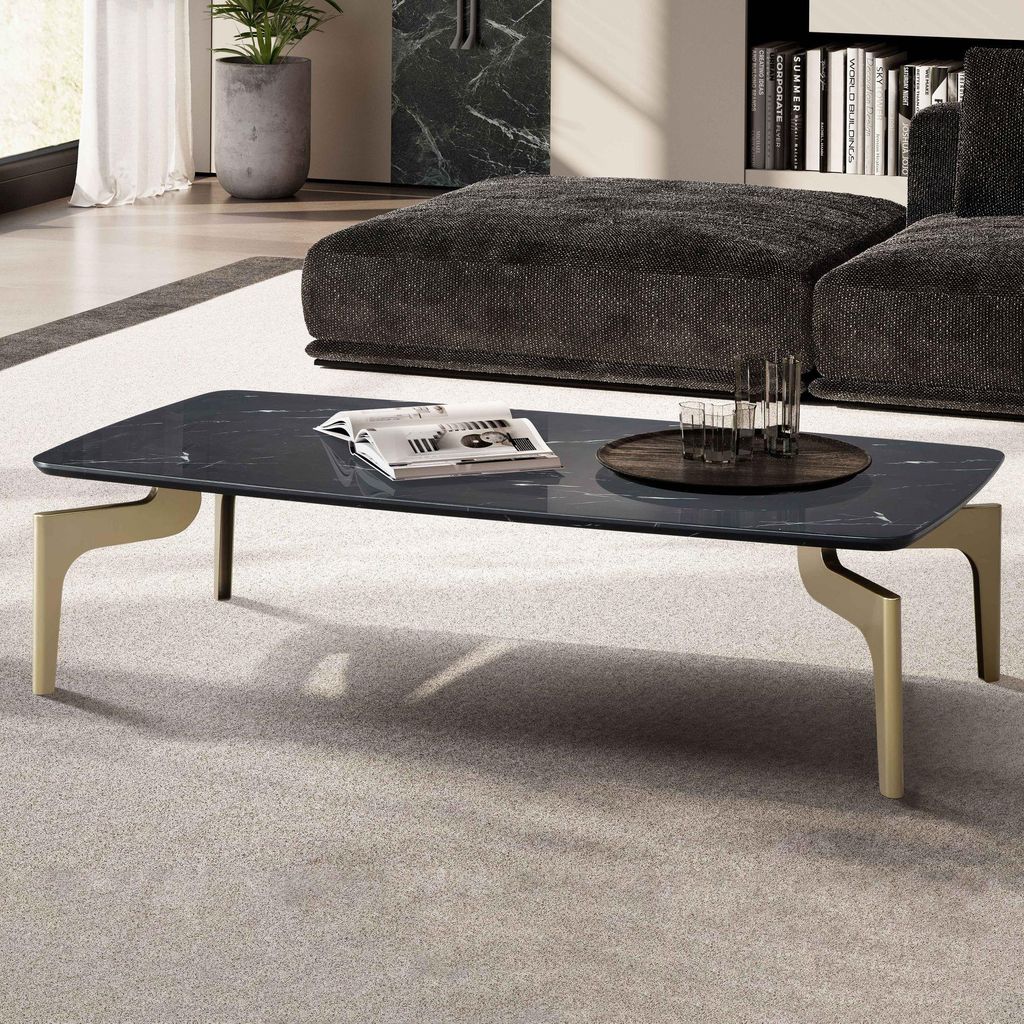 WOHNLING Couchtisch 120x60x30,5 cm mit Hochglanz Marmor Optik Schwarz / Gold Wohnzimmertisch Rechteckig mit Metall-Gestell Sofatisch Groß Tisch