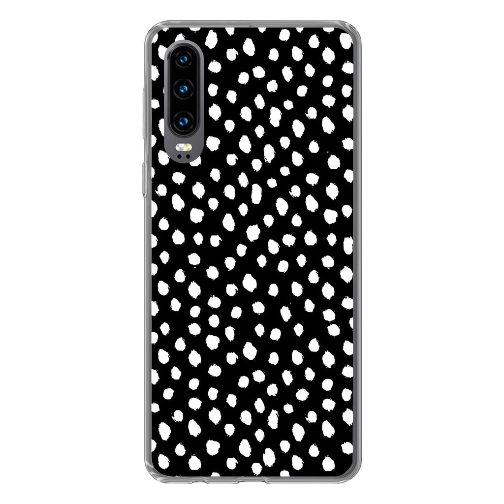 MuchoWow Handyhülle Schutzhülle Hülle für Huawei P30 Polka dots - Schwarz - Weiß Silikon Softcase Handy Hülle - Kartenbesitzer