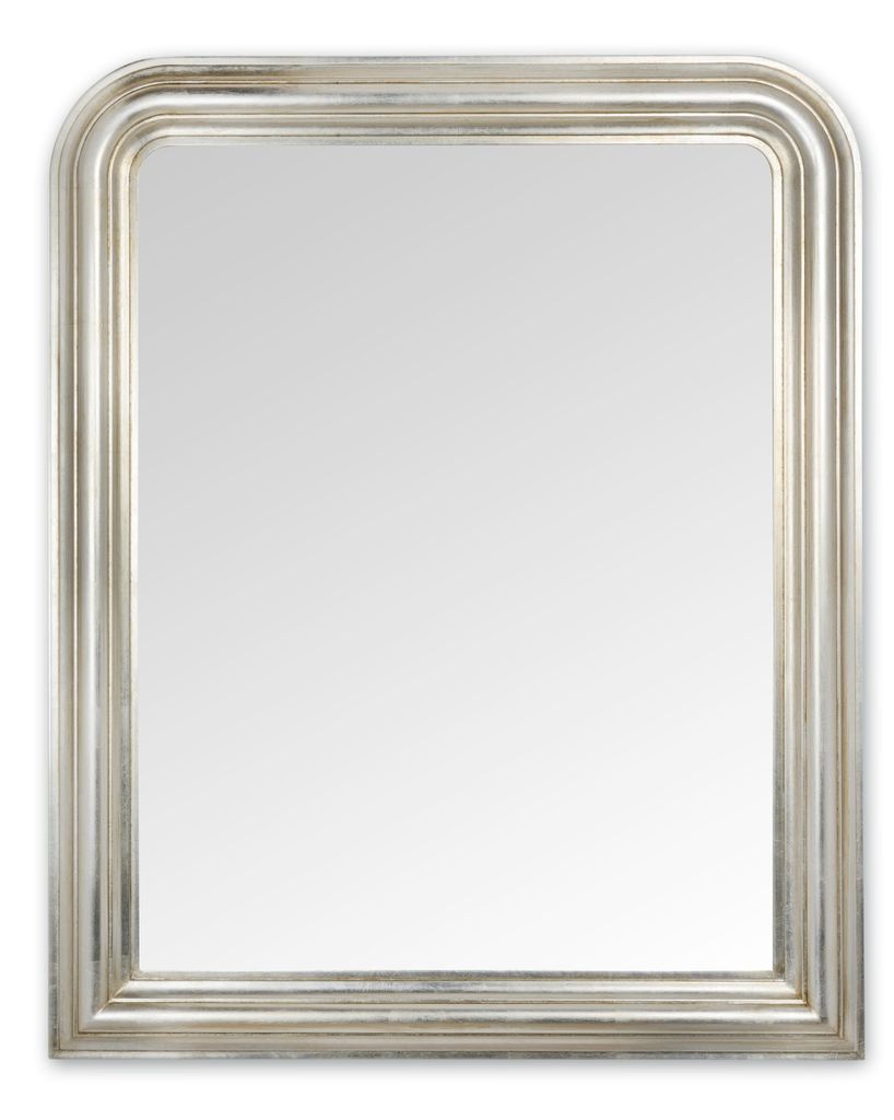 A studio shot of a silver-framed mirror against a white background.