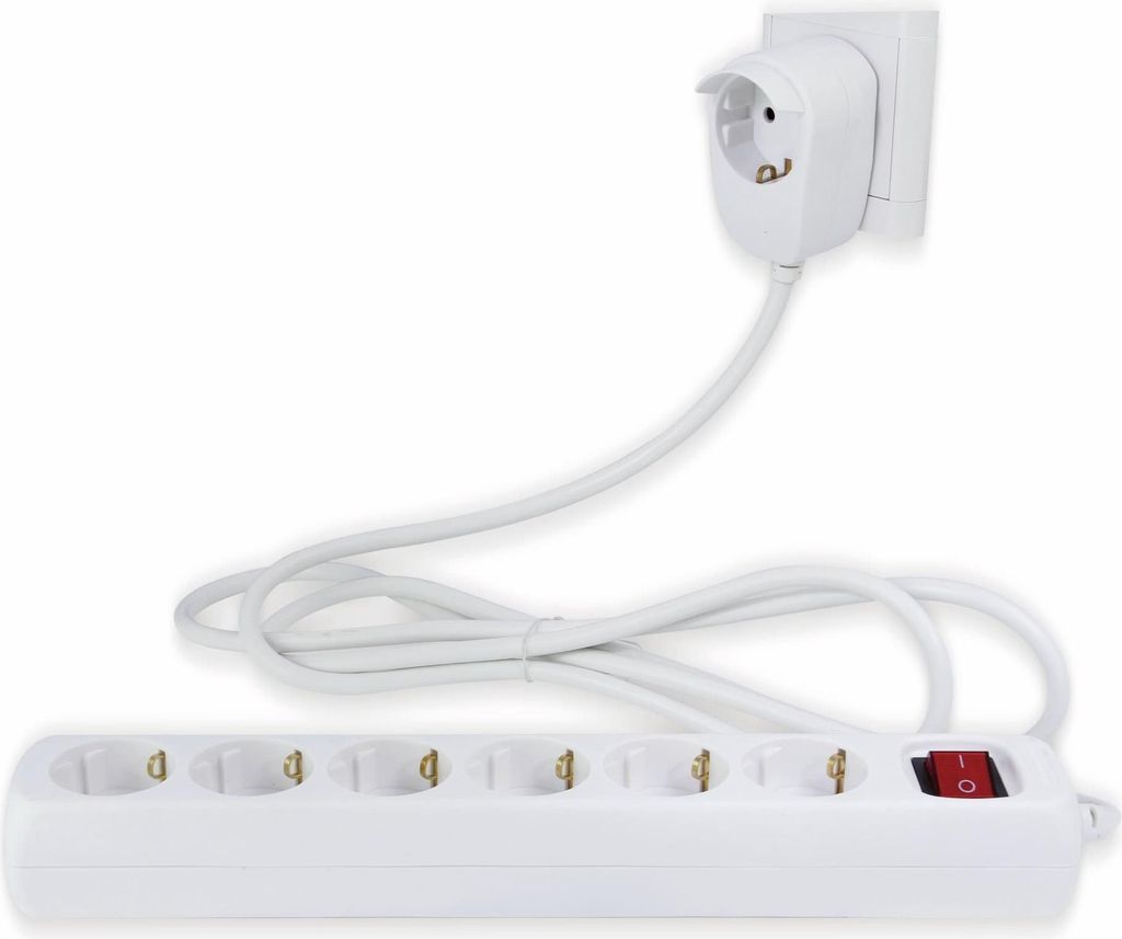A white power strip with six outlets and a red on/off switch is plugged into a white wall socket.
