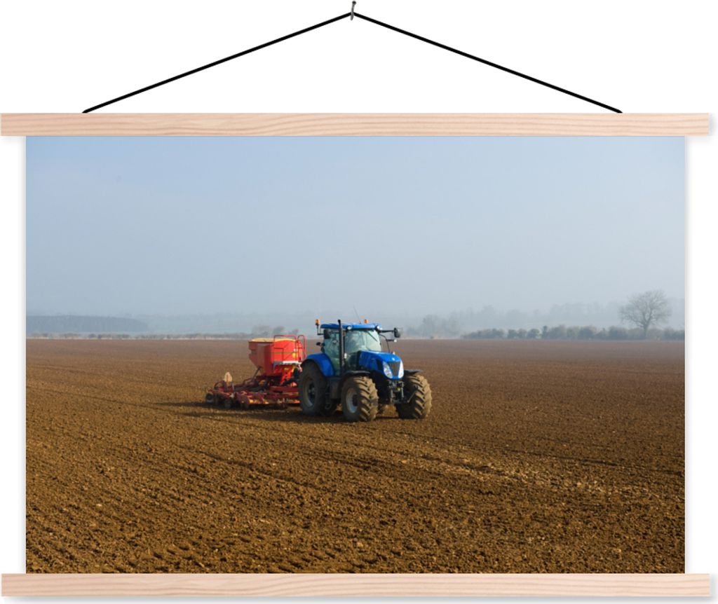 MuchoWow Textilposter Traktor - Blau - Nebel 120x80 cm mit holzfarbenen Rahmen - Aufhängeset
