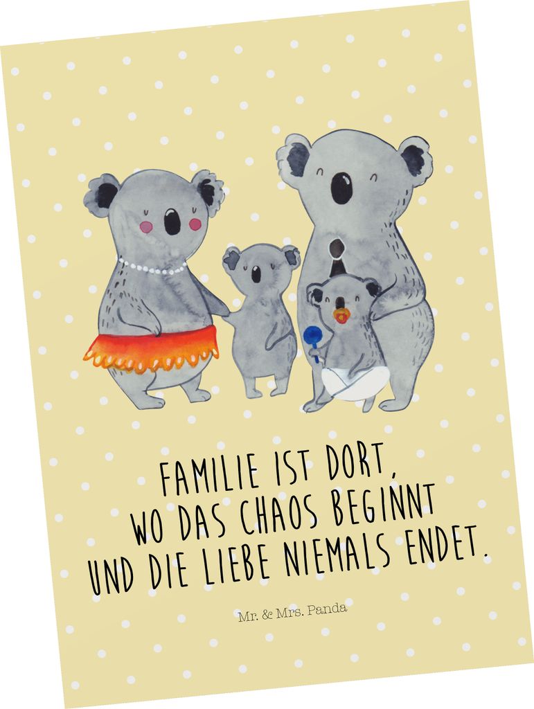 Mr. & Mrs. Panda Postkarte Koala Familie - Gelb Pastell - Geschenk, Kinder, Postkarten, Mama, einzelkarte, Ansichtskarten, Fotokarte, Family, Papa,...