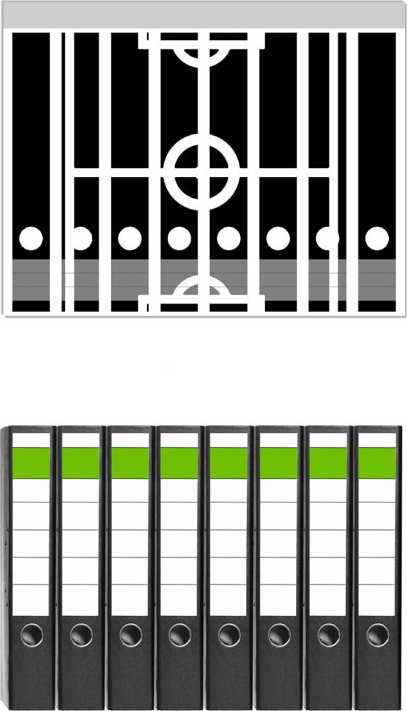 Wallario 8 Stück schmale Ordner inkl. Klebeetiketten mit Motive Fußball - Fußballfeld in Schwarz-Weiß - Set mit Rückenschildern / Ordnerrück...