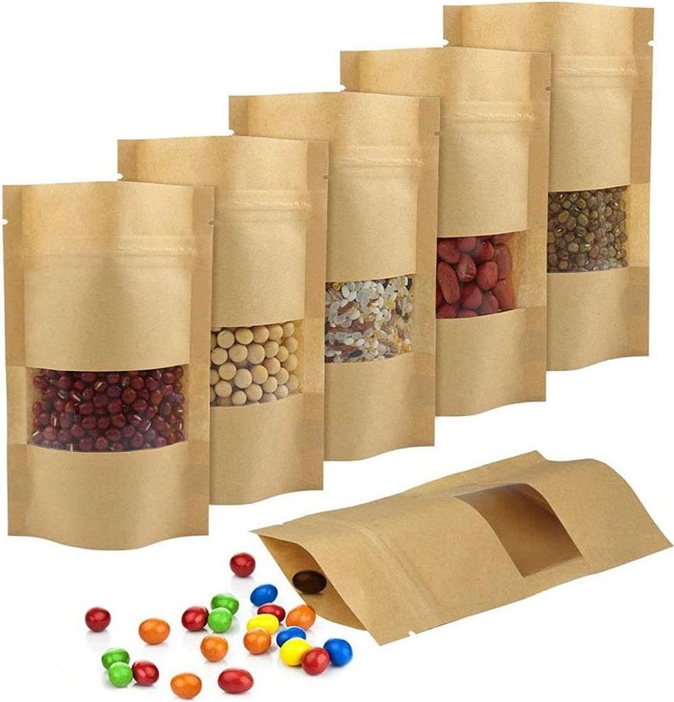 Packung mit 100 Papiertüten mit Sichtfenster, Standbodentüten mit Sichtfenster, kleine Papiertüten (10 x 15 x 3,5 cm), geeignet für Tee, Lebens...
