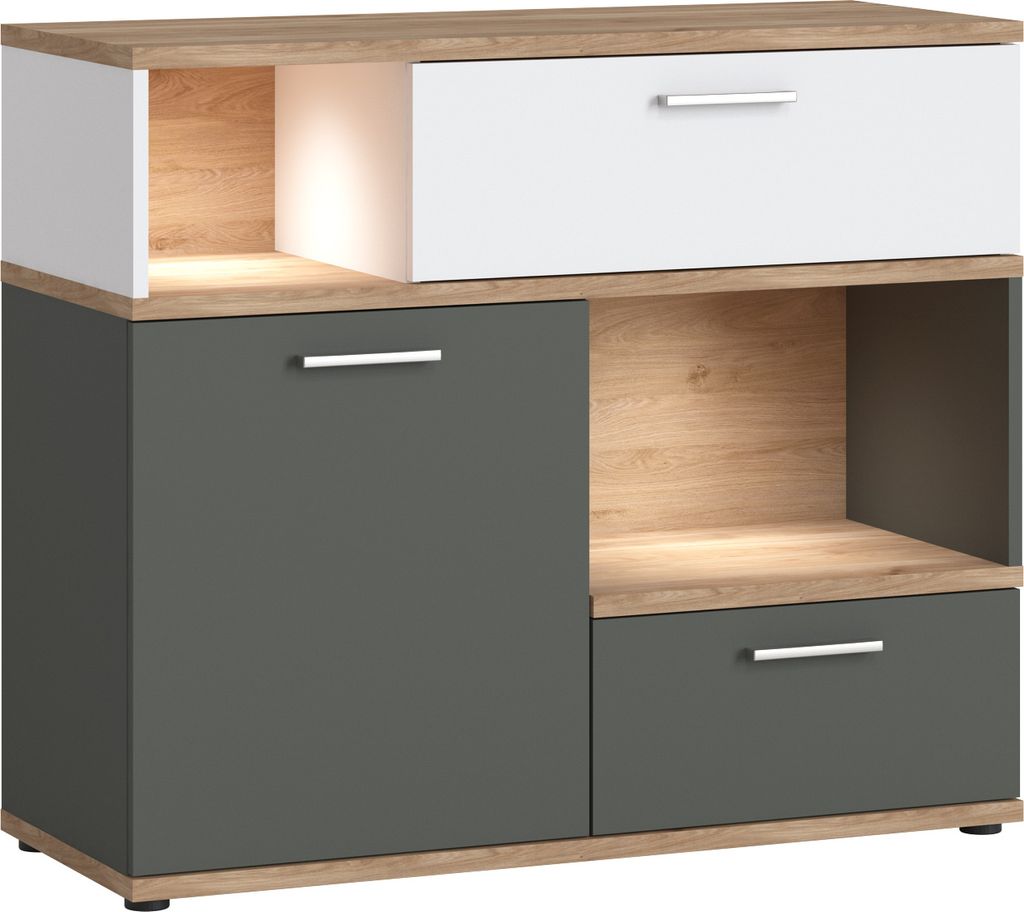 Sideboard mit Beleuchtung in Eiche Nb. mit weiß und grau TOMAR-129, B/H/T ca. 100/86/40 cm