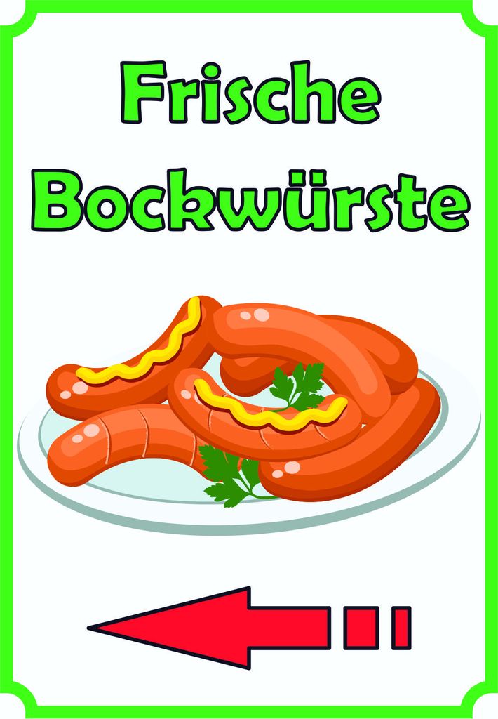 Frische Bockwürste Verkaufsschild Schild hochkant mit Pfeil nach links A4 Rückseite selbstklebend