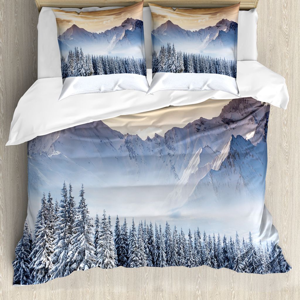 ABAKUHAUS Winter Bettbezug, Land Pines, Milbensicher Allergiker geeignet mit Kissenbezügen, 155 cm x 220 cm - 80 x 80 cm, Caramel Weiß Schwarz