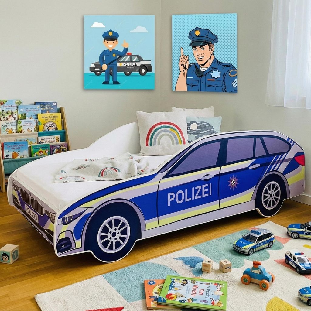 Autobett Kinderbett Jugendbett Polizei Car Polizeiauto Polizist Kinder Spielbett ohne Matratze 70x140 cm von Geburt bis 6. Lebensjahr