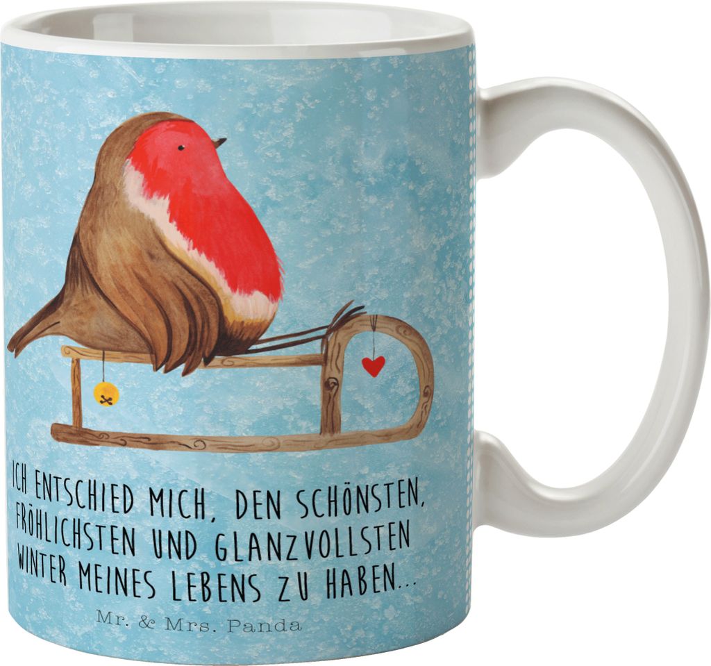 Mr. & Mrs. Panda Tasse Rotkehlchen Schlitten - Eisblau - Geschenk, Kaffeebecher, Wintermotiv, Becher, Henkelbecher, Weihnachten, Trinkbecher, Vogel...