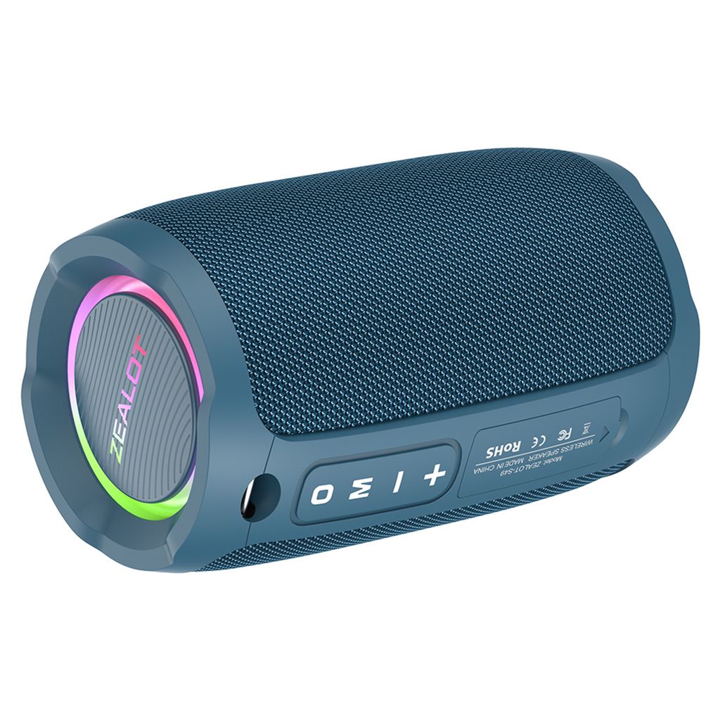 A blue portable speaker with colorful LED lights on a white background.
