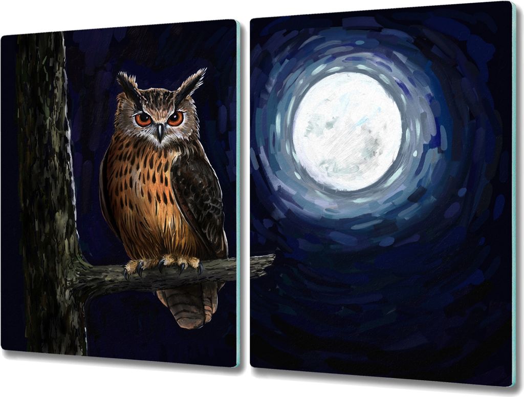 Coloray Schneidebrett Herdabdeckplatte 2x40x52 cm Kochplattenabdeckung Hackbrett Küchenbrett - Baum-Zweig Nachteule Mond