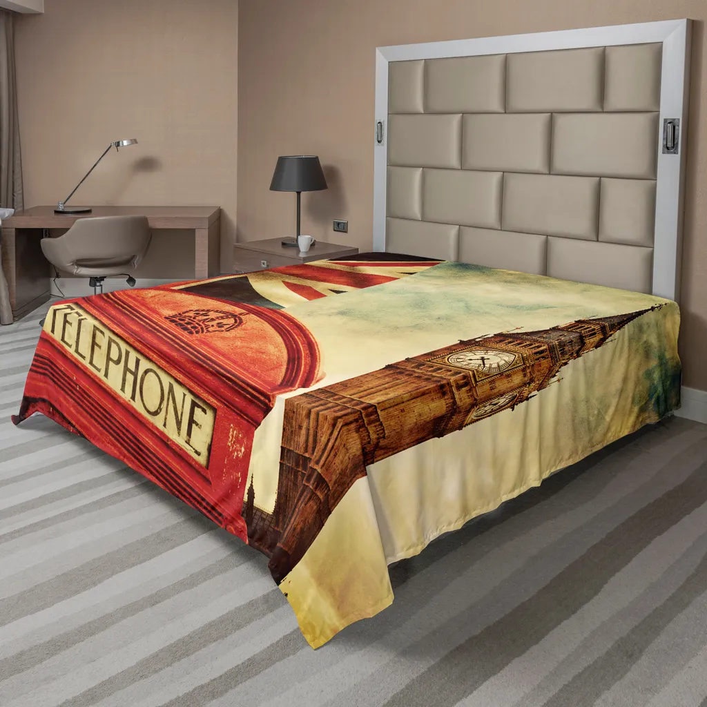 ABAKUHAUS London Lenzuolo, simboli vintage di Londra con bandiera nazionale britannica e vecchio campanile, lenzuolo morbido e confortevole per un letto decorativo 1 pezzo 260 cm x 228 cm, multicolore