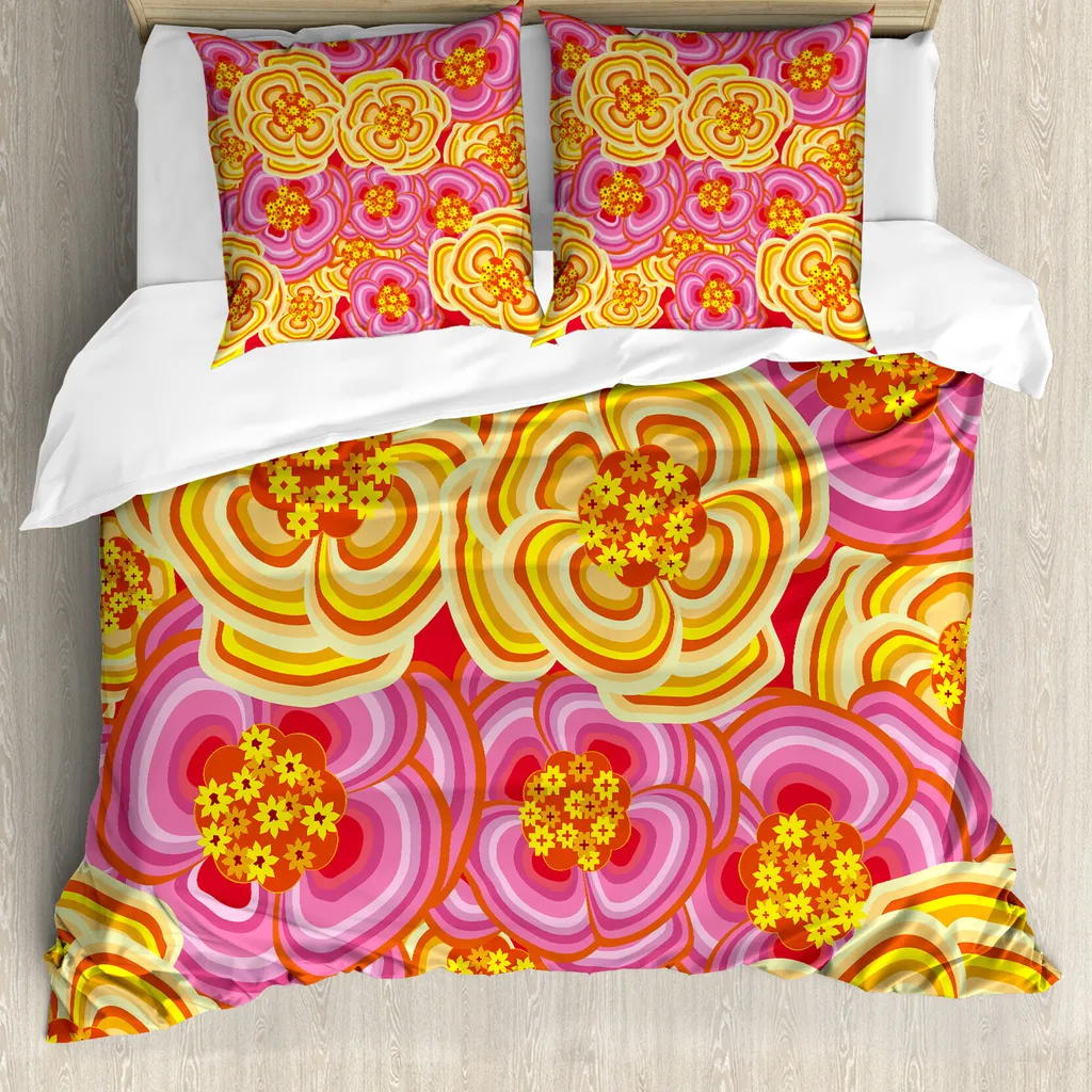 Set Copripiumino ABAKUHAUS 200x200 Fiori Funky Giallo Rosa Arancio