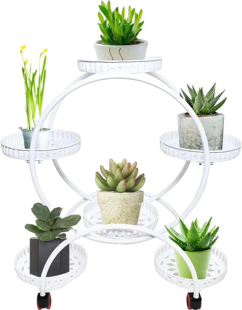 Étagère plantes 6 plateaux en fer forgé blanc, design floral robuste