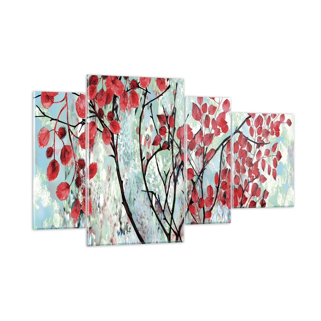 Bilder auf glas - 4 Teile - Rot Blätter Zweige - 120x70cm - Glasbilder - Wandbilder - Bilder - zum Aufhängen bereit - Wanddekoration aus Glas - G...