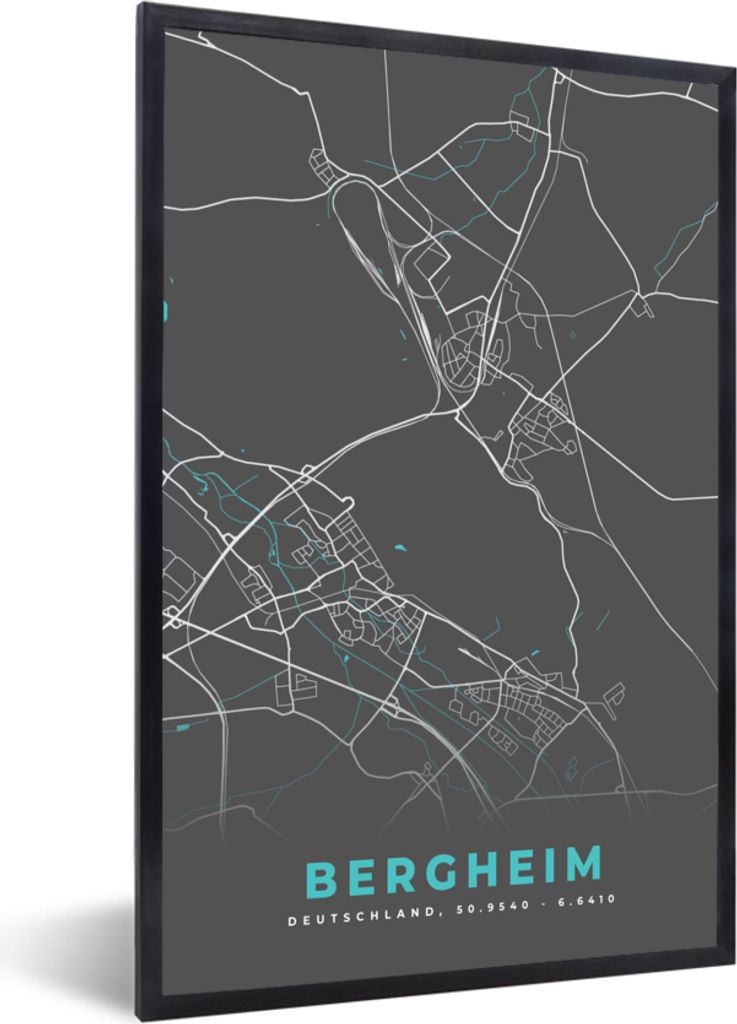 MuchoWow Gerahmtes Poster Deutschland - Blau - Bergheim - Stadtplan - Karte 40x60 cm - Poster mit Schwarzem Bilderrahmen Wandposter Rahmen Foto B...