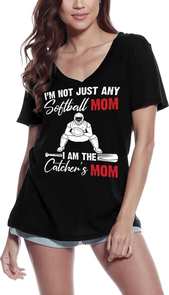 Damen Grafik T-Shirt V-Ausschnitt Ich bin nicht irgendeine Softball-Mutter ich bin die Mutter des Fängers – I'm Not Just Any Softball Mom I'm