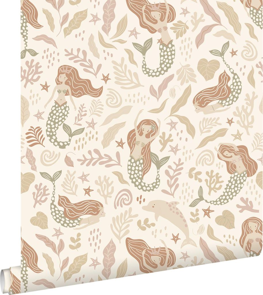 ESTAhome Tapete Meerjungfrauen Graugrün, Beige und Terrakotta 50 x 900 cm