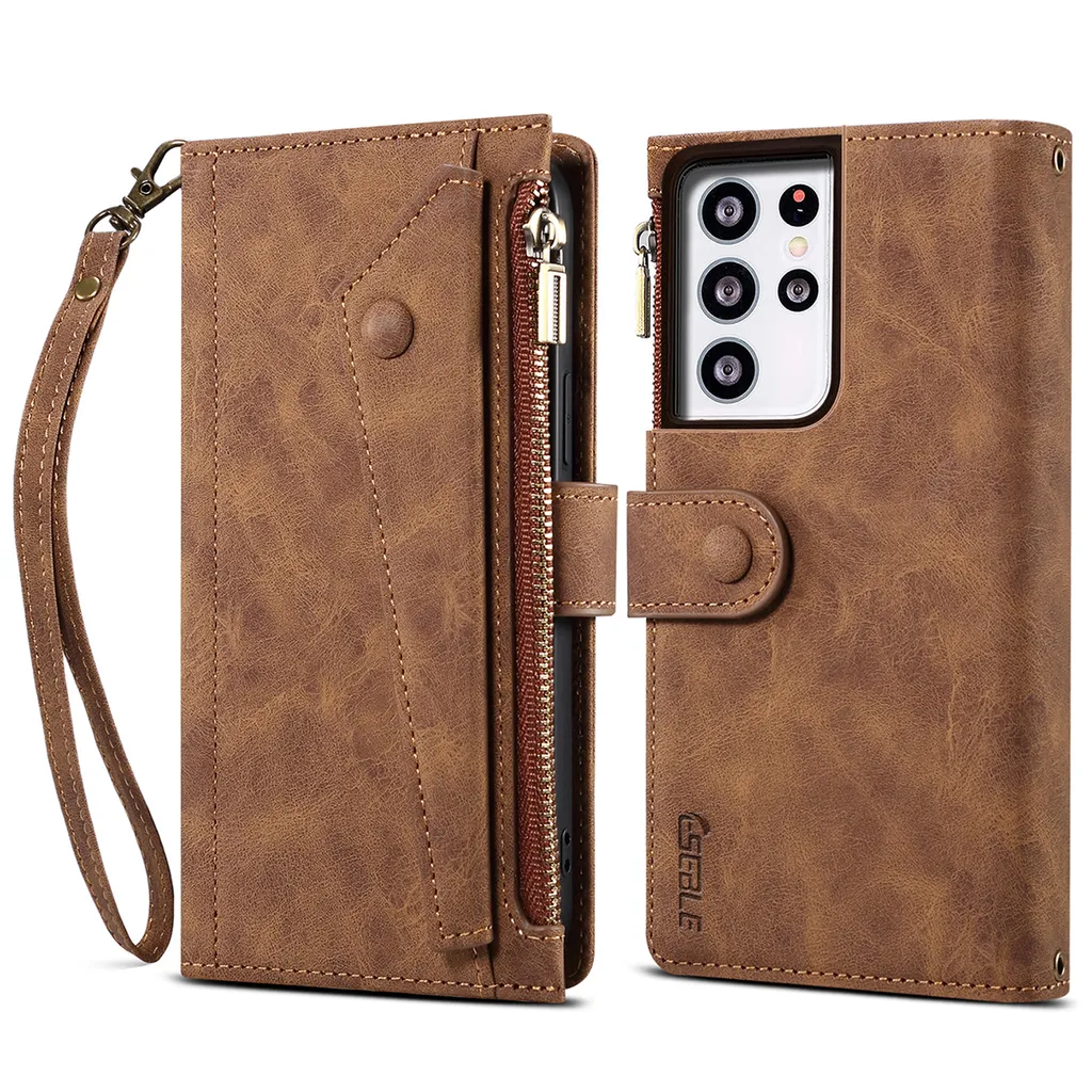 Custodia Samsung S21 Ultra 5G in Pelle Marrone con Cerniera e Portafoglio