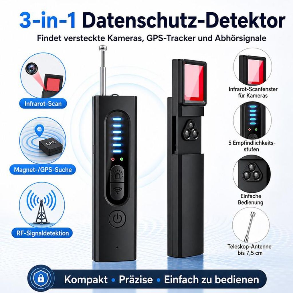 Anti-Spionage Detektor 4-in-1, RF Signal Detektor, GPS Tracker Finder, Kamera Finder, Mini Bug Detector 6 Stufen