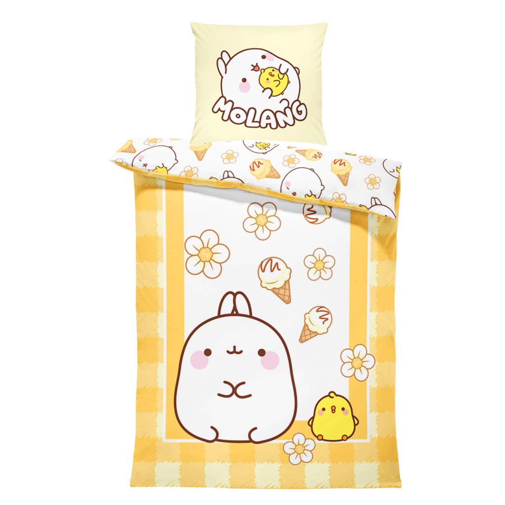 Molang Kinderbettwäsche Kawaii in 135x200 + 80x80 cm, Renforcé, Piu Piu, trendiges Butter Yellow Design- weich & atmungsaktiv