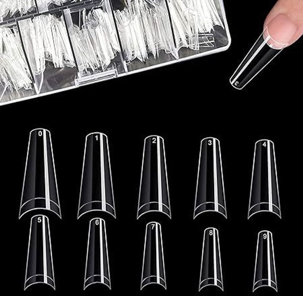 500 Stücke Acryl Künstlich Nagelspitzen Falsche Nagel, Natürliche Nageltips mit Klar Box, Transparent Kunst Gefälschte Nägel Tipps Fake Coffin...