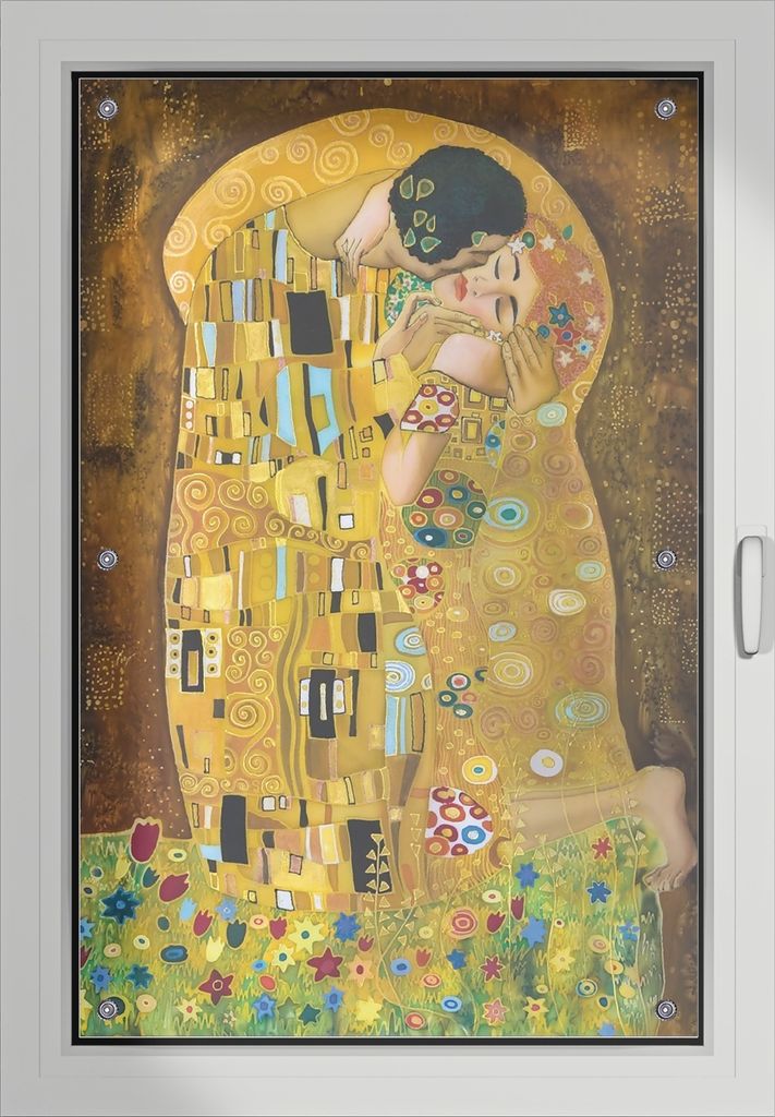 Wallario Lichtschutzbild, Dekorativer Sichtschutz Sonnenschutz 60 x 93 cm mit Motiv: Der Kuss von Klimt - Verdunklung ohne Bohren