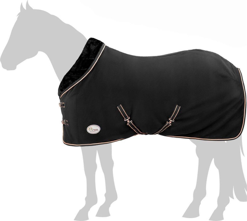 Abschwitzdecke "Champion Edition" Fleecedecke mit Fellkragen und Zierpaspel, Paradedecke, Showdecke Schwarz-Rosegold 135cm