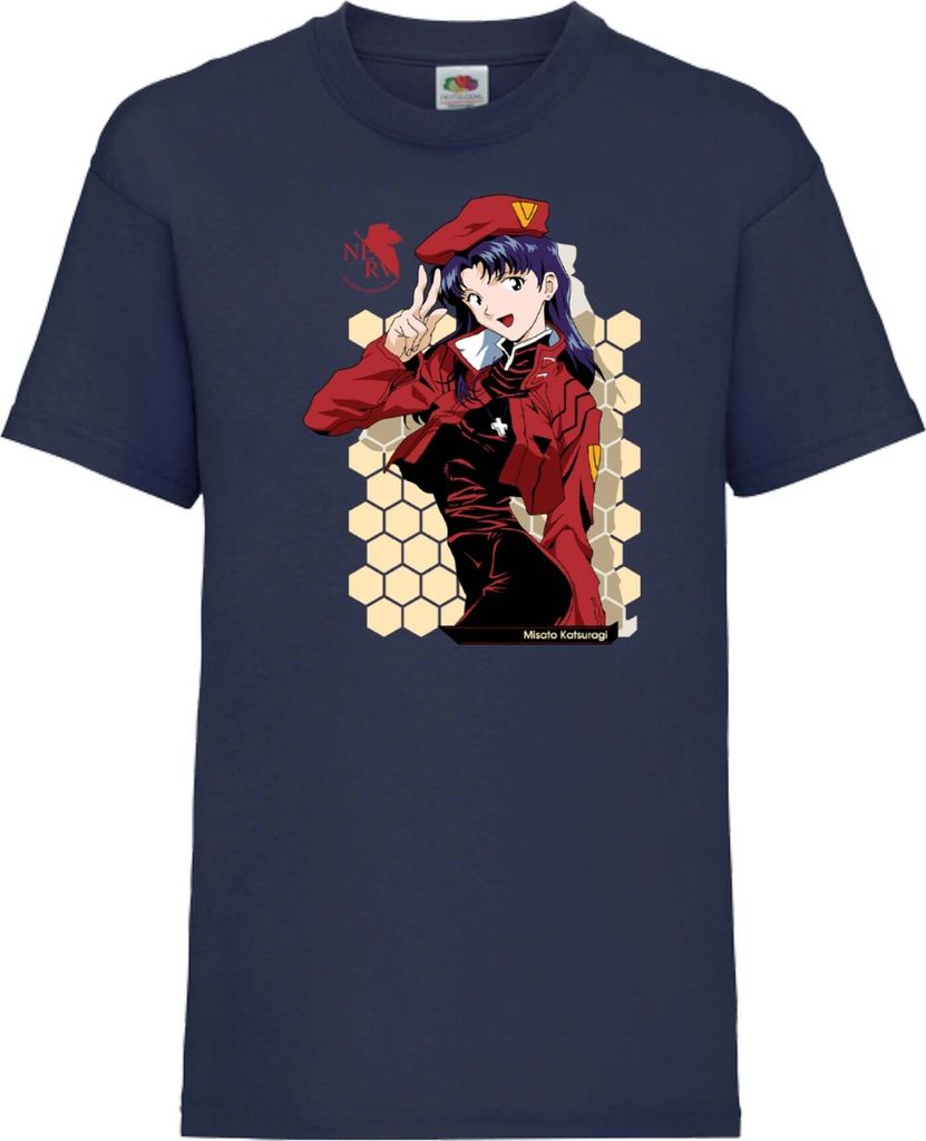 Kinder T-Shirt Neon Anime Genesis Manga Evangelion Misato Katsuragi Misato Katsuragi, 9-11 Jahr - 140 / Dunkelblau