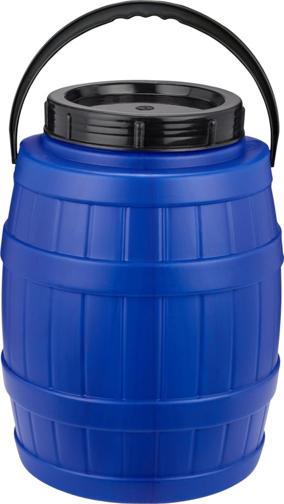 A blue plastic barrel container with a black lid and handle, shown against a white background.