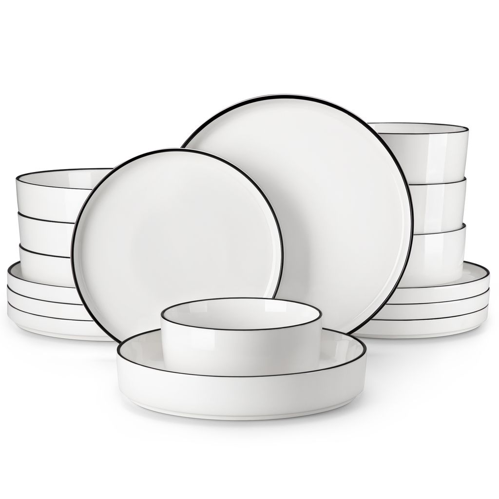 A set of white ceramic dishes with black rims, arranged on a white background.