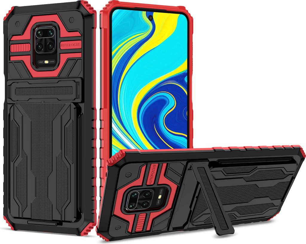 Redmi Note 9 Pro Hülle, Hybrid Robust Schutz Stoßfest Schutzhülle mit Kartenhalter Ständer für Xiaomi Redmi Note 9S / 9 Pro / 9 Pro Max Rot