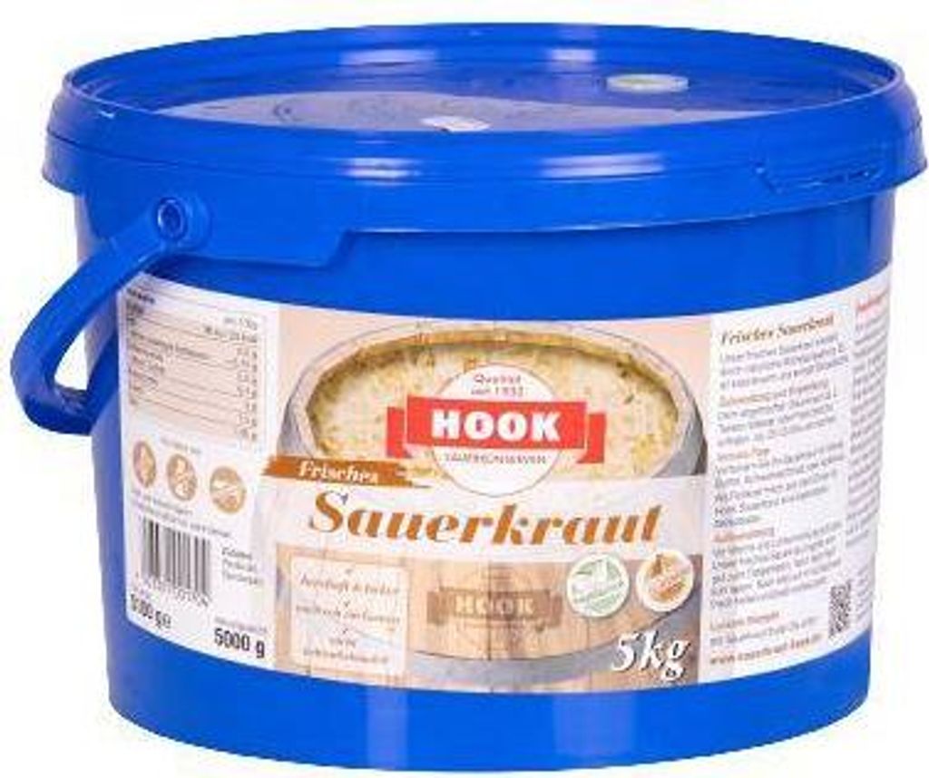 A blue plastic bucket of sauerkraut with a label.