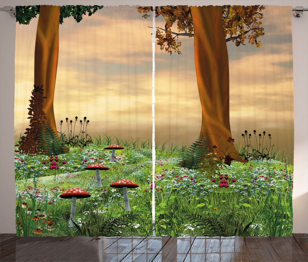ABAKUHAUS Natur Rustikaler Vorhang, Enchanted Woods Sunset, Wohnzimmer Universalband Gardinen mit Schlaufen und Haken, 280 x 245 cm, Mehrfarbig