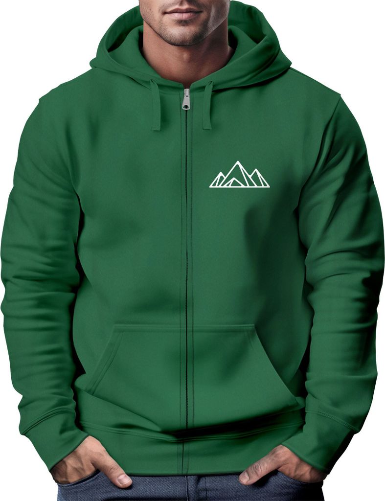 Sweatjacke mit Kapuze Wandern Berge Line-Art Print Aufdruck Motiv Zipjacke Männer Fashion Streetstyle Neverless Polygon 2 bottle-green M