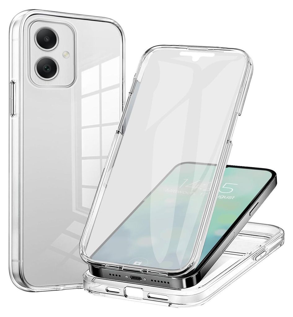 A clear protective phone case is shown from multiple angles, with one case disassembled to reveal a phone inside.