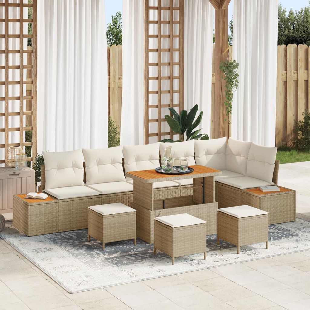 2025 Moderne Gartenlounge Set 10-teiliges Garten Sofa Set mit Kissen Beige Poly Rattan Akazie - Terassenmöbel Gartenmöbel Hommie2740802