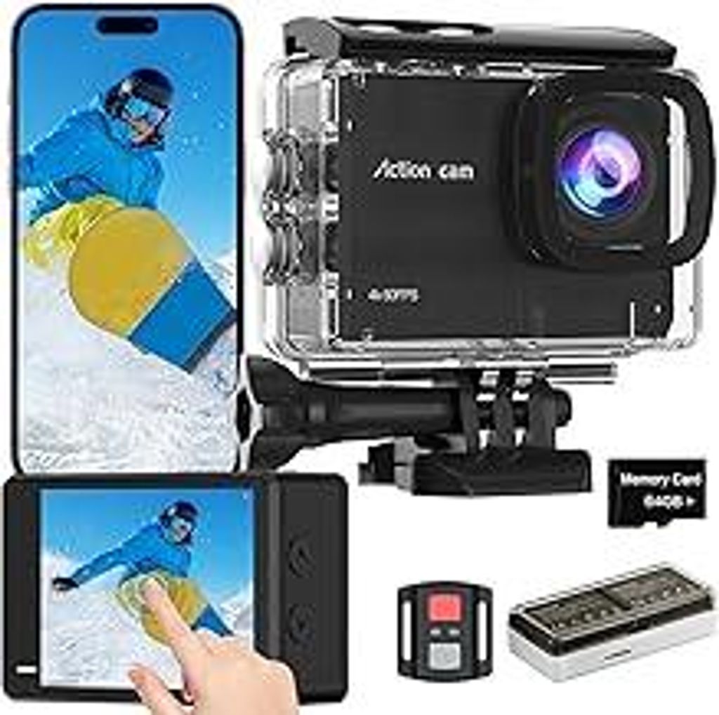 Touchscreen 4K60FPS Action Cam, Unterwasserkamera mit 64G SD Karte 48MP HD WiFi Kamera mit EIS 40M Wasserdicht Actionkameras Weitwinkel 8X Zoom,Spo...