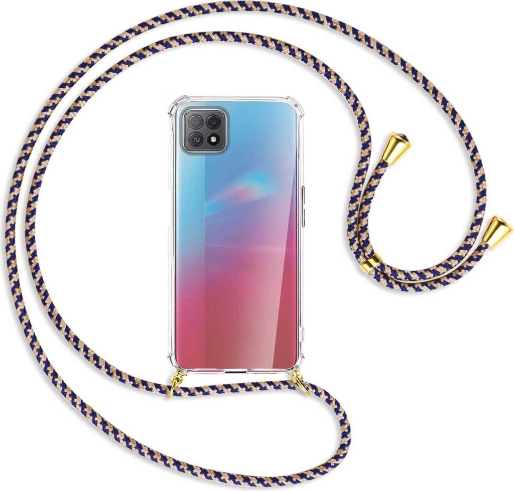 Handykette Backcover-Schutzhülle mit Band (Metall goldfarben) für Oppo A73 5G - blau+beige