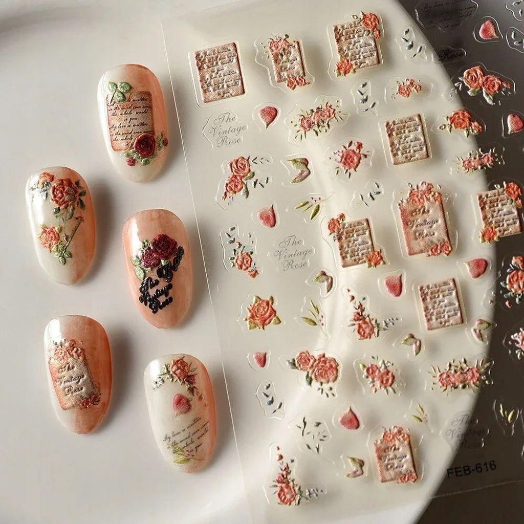 3D Nagelsticker Selbstklebend Konvexe Muster INSCHRIFTEN BLUMEN ROSE